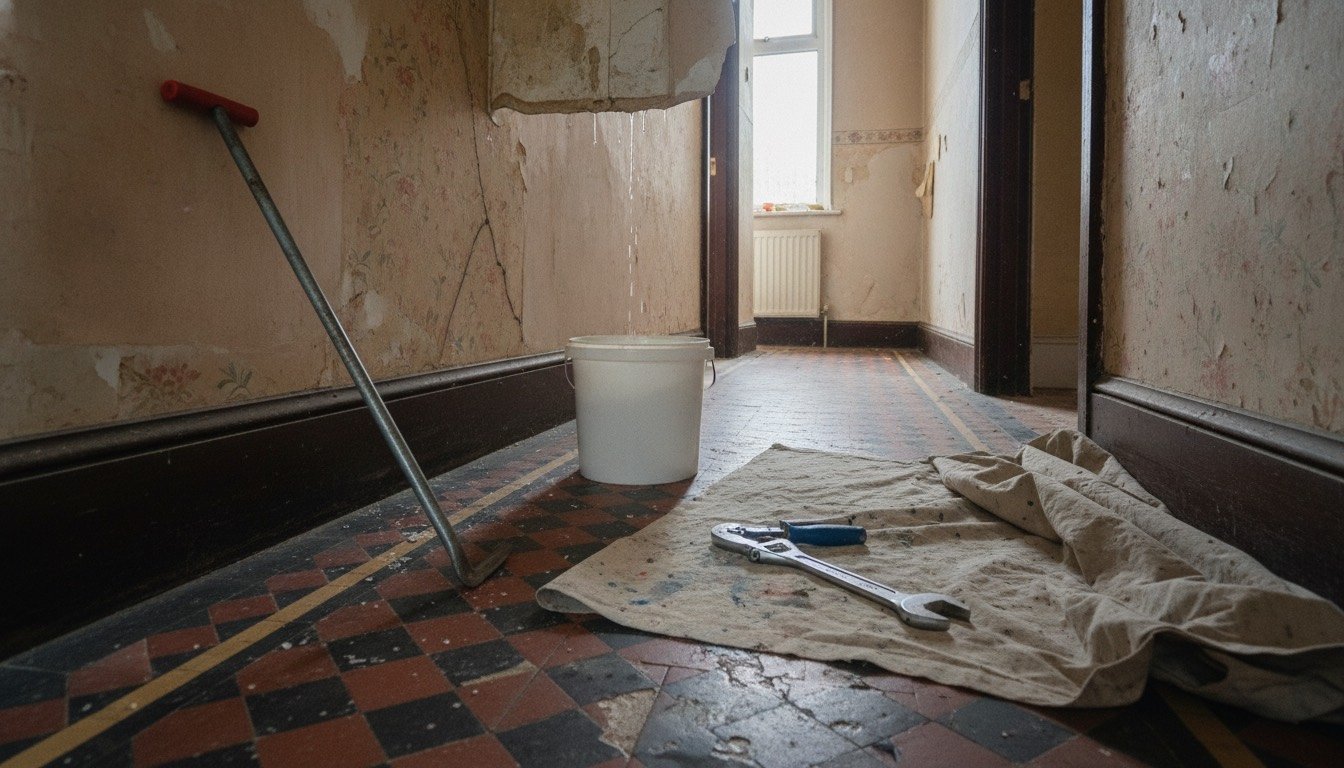 A Victorian terraced house hallway with a bucket catching a ceiling drip beneath damaged lath and plaster, tools laid out on a dust sheet