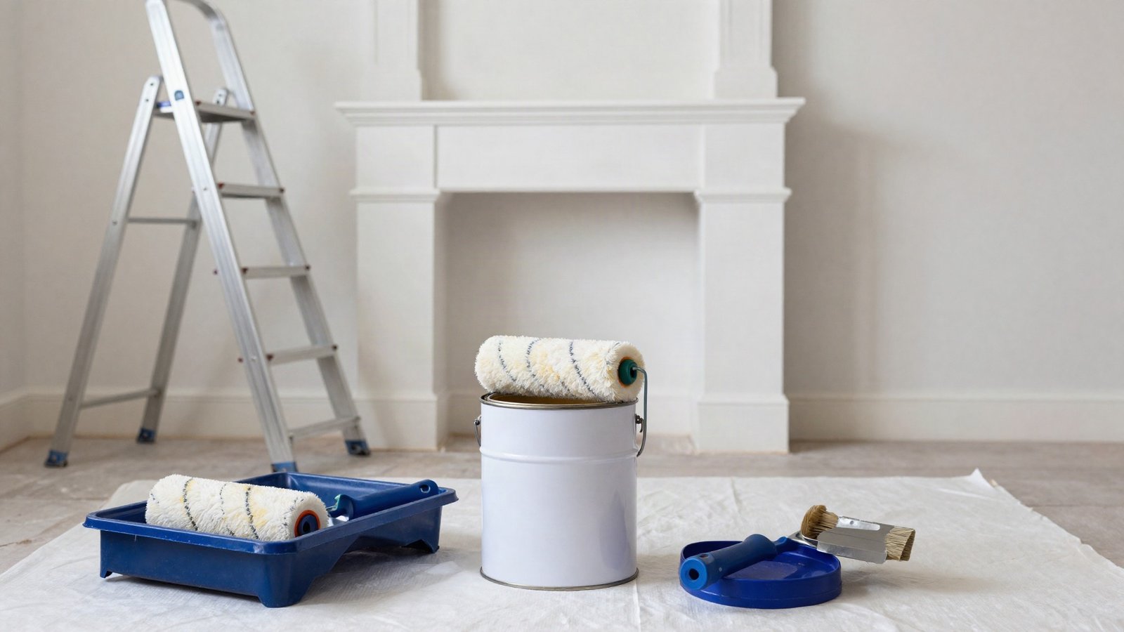 Open 5-litre tin of white matt emulsion beside a roller tray and brush on a dust sheet in a part-painted UK bedroom