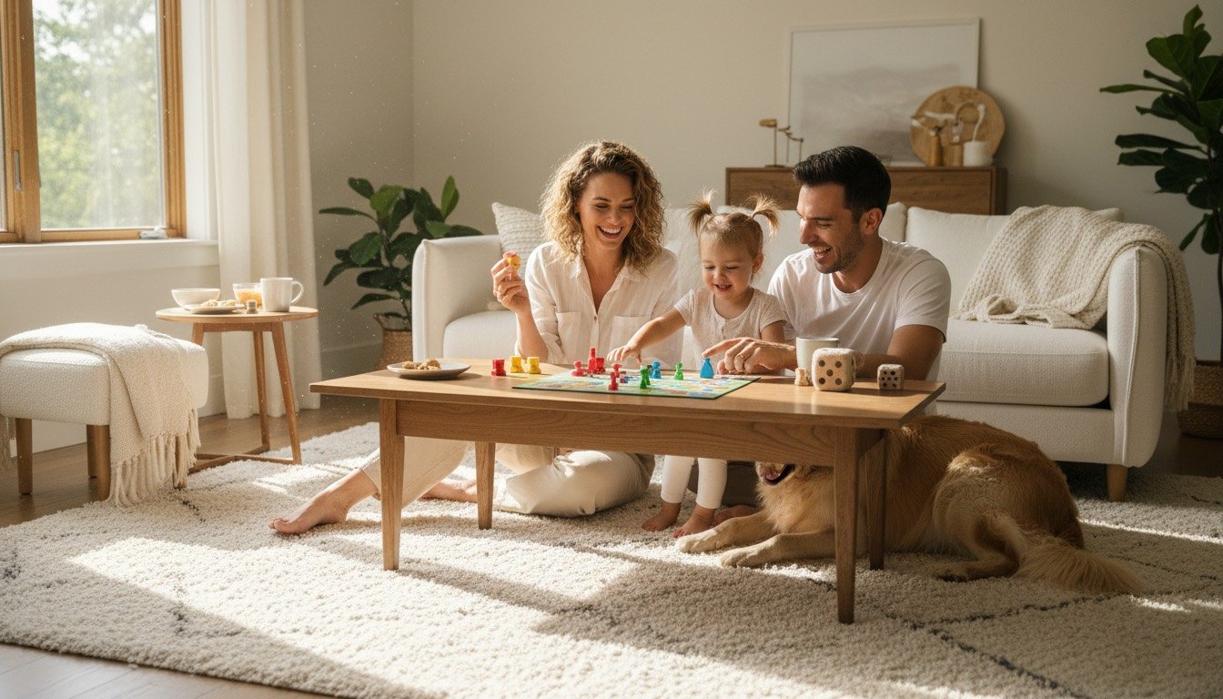 Family with a dog relaxing on a fresh, clean living room carpet