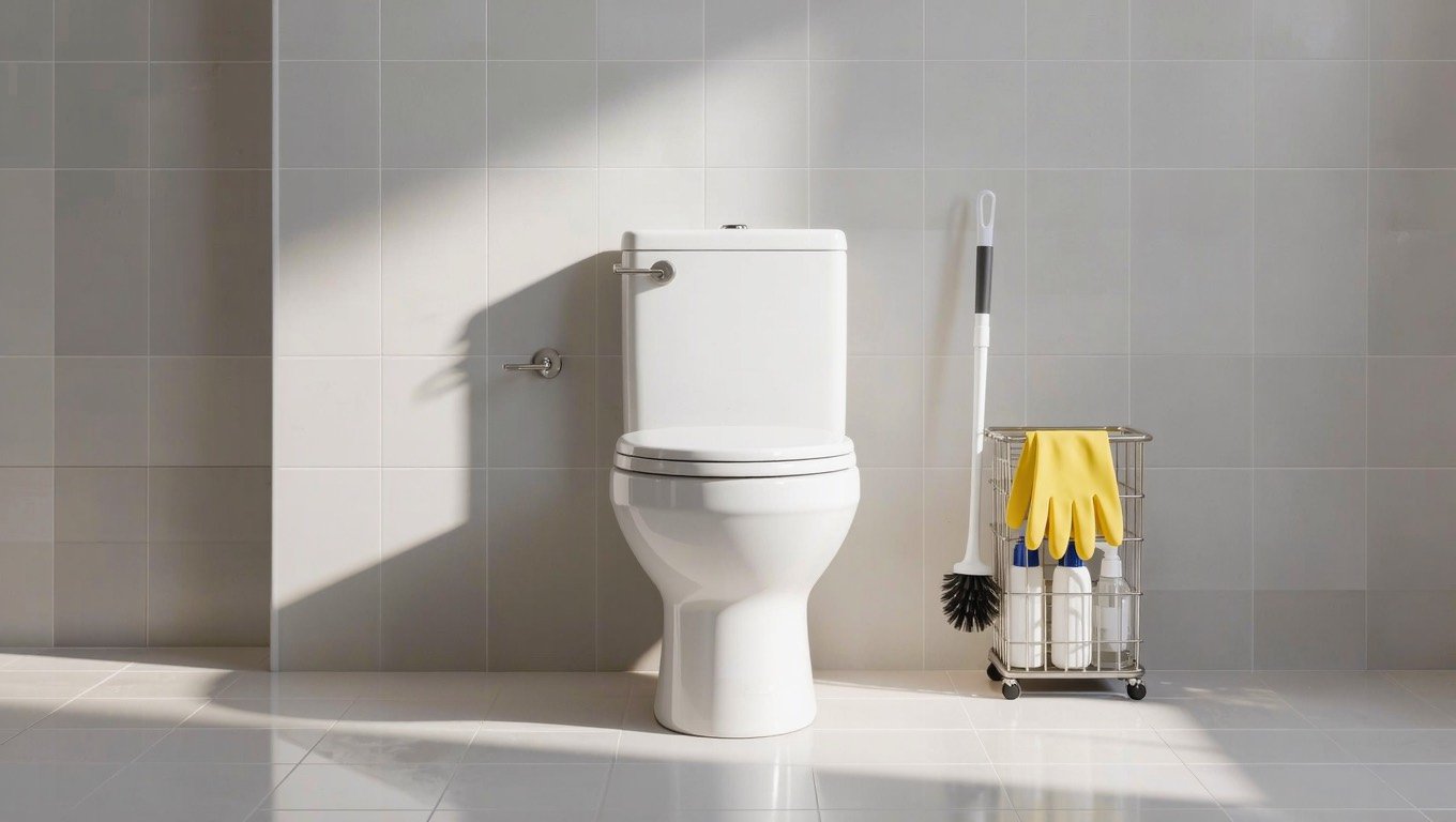 A clean white close-coupled toilet in a bright UK bathroom with a toilet brush, caddy of cleaning products and folded towels nearby