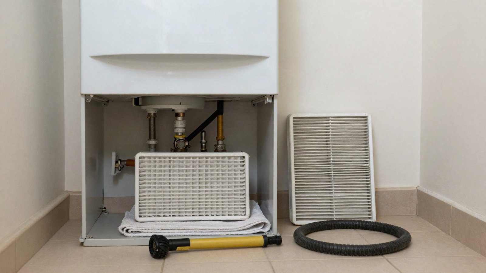 An open mechanical ventilation heat recovery unit in a UK utility cupboard with two pleated filter cartridges removed and resting on a towel