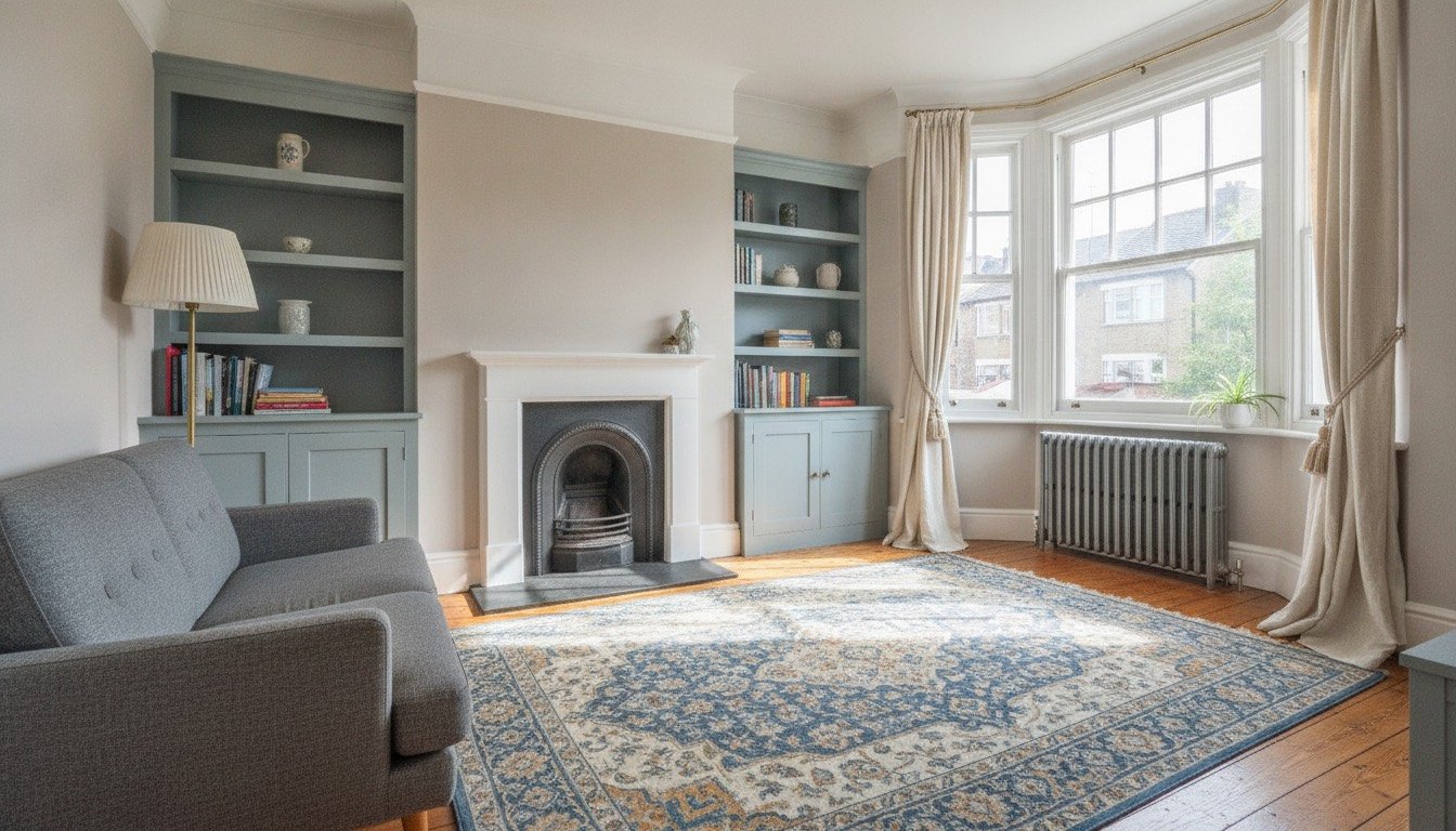 A compact UK living room with a two-seater sofa angled towards a bay window, a chimney breast with alcove shelving and a wool rug over floorboards