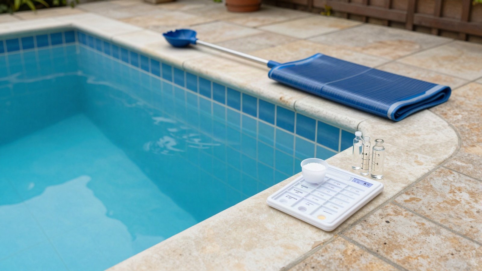 Pool testing kit, tablet vials and a measuring scoop on the paved coping beside a domestic garden swimming pool