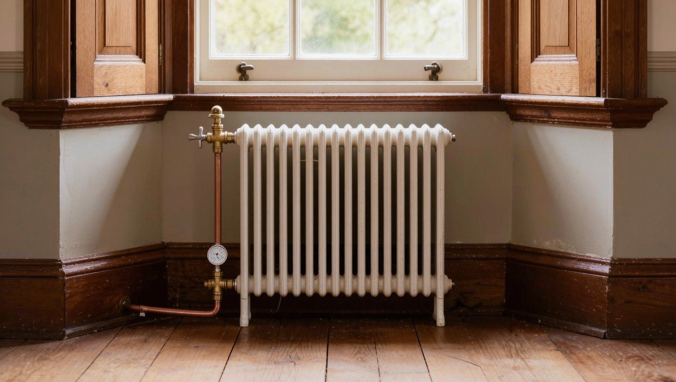 White column radiator beneath a sash window with a spanner and clip-on pipe thermometer on the valve