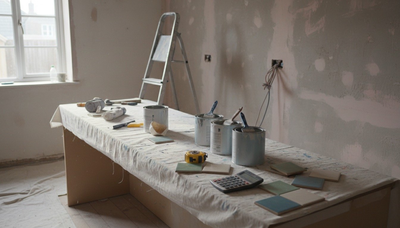 Calculator, tape measure, paint tins and tile samples laid out on a dust-sheeted worktop in a UK kitchen mid-renovation