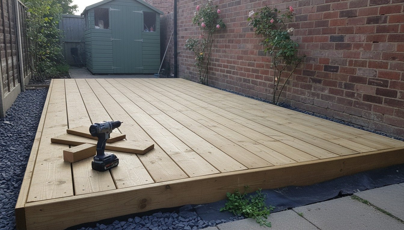 A newly built ground-level treated softwood deck in a small British back garden, boards running parallel to the house wall with a gravel border at the edge
