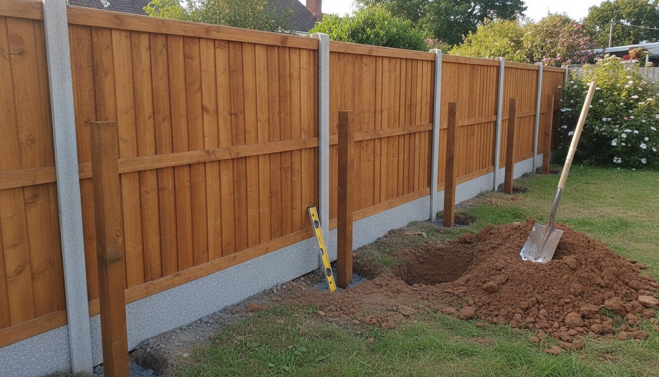 A newly built 1.8-metre closeboard timber fence with concrete gravel boards along a UK back garden boundary