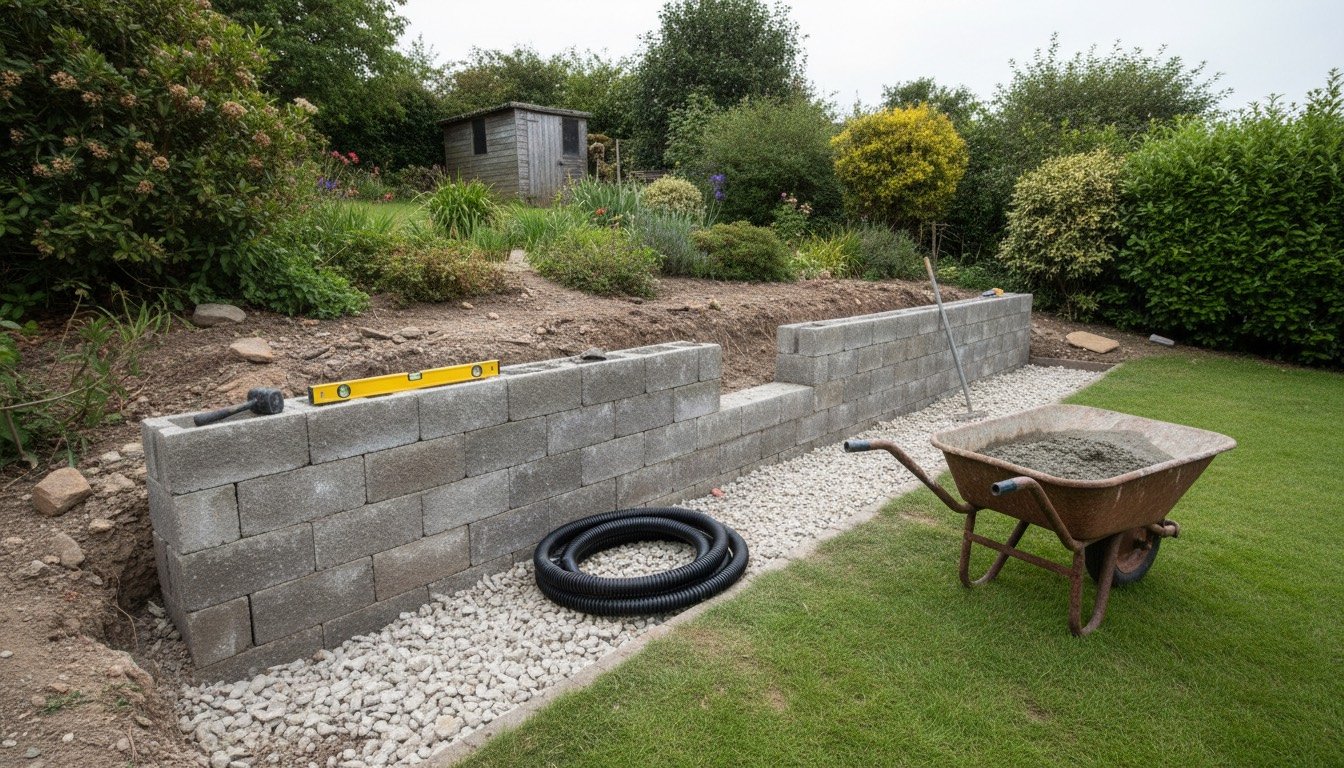 A low concrete block retaining wall part-built in a sloping British back garden, with drainage stone, a perforated land drain and a spirit level resting on the top course