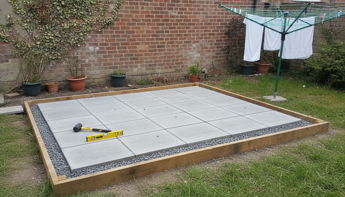 A part-built shed base in a UK back garden with compacted hardcore, timber shuttering and concrete paving slabs laid to a string line