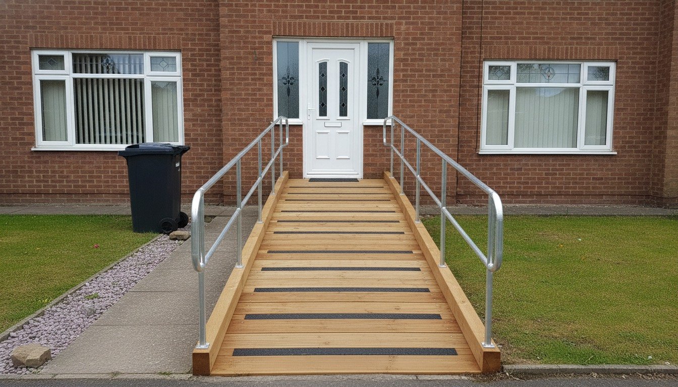 Treated timber wheelchair ramp with anti-slip strips and a galvanised handrail leading to the front door of a British brick house