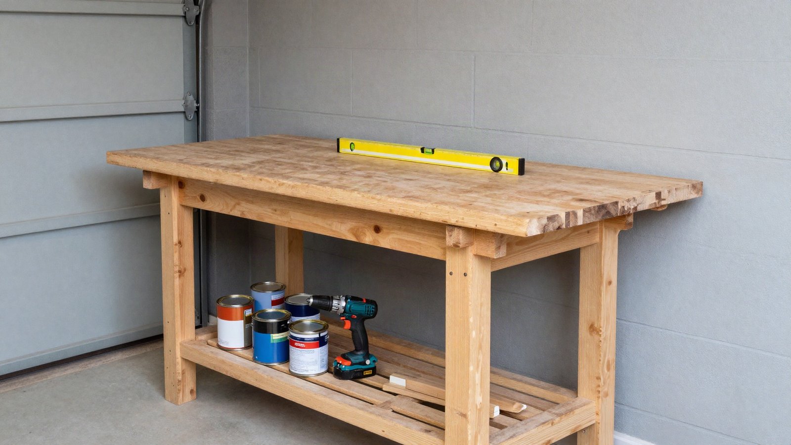 A sturdy timber workbench with a plywood top, cast-iron vice and lower storage shelf in a British single garage