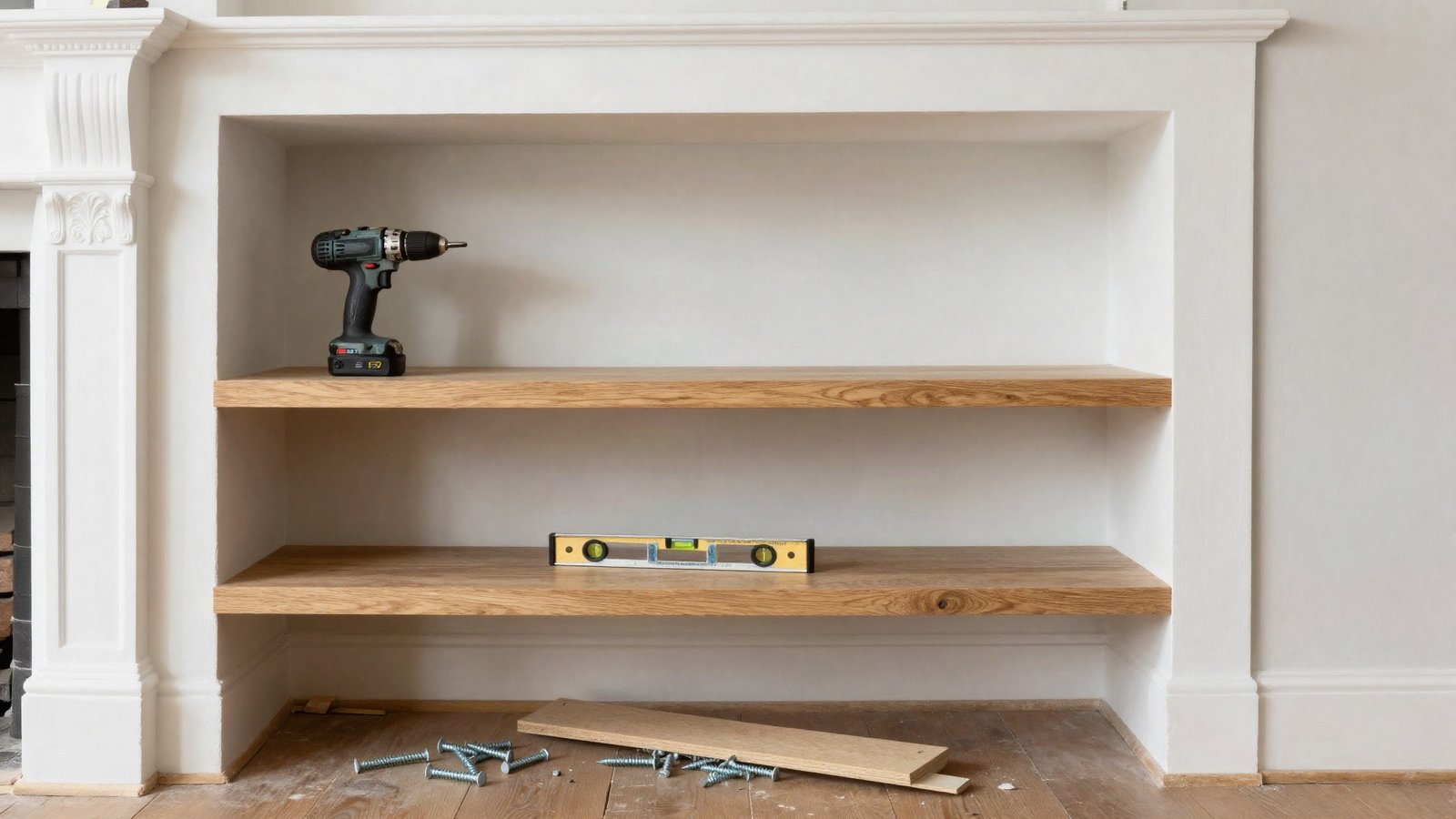 Two oak floating shelves fixed into a painted chimney breast alcove, with a cordless drill, spirit level and long concrete screws on the floorboards below