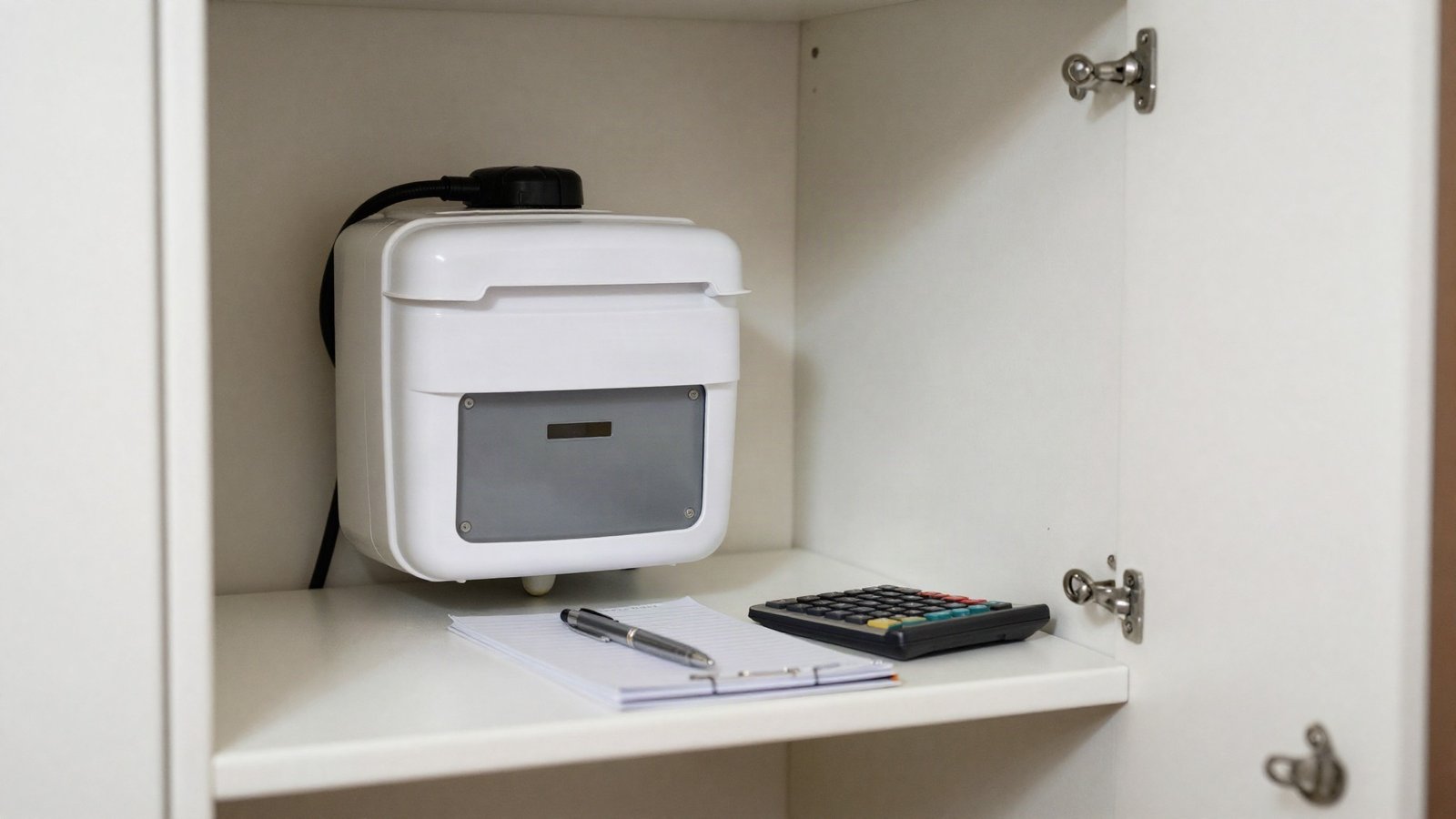 A UK consumer unit with its cover closed beside an electricity meter and grey service head in a hallway cupboard, with a notepad and calculator on the shelf below