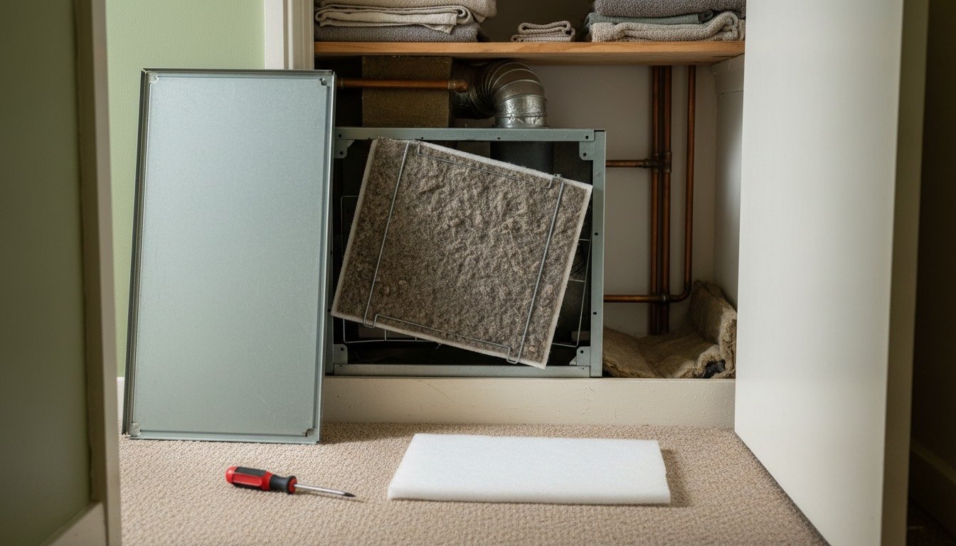 A slide-out filter panel being removed from a ducted warm air heating unit in a UK hallway cupboard, with a clean replacement filter pad and screwdriver on the floor