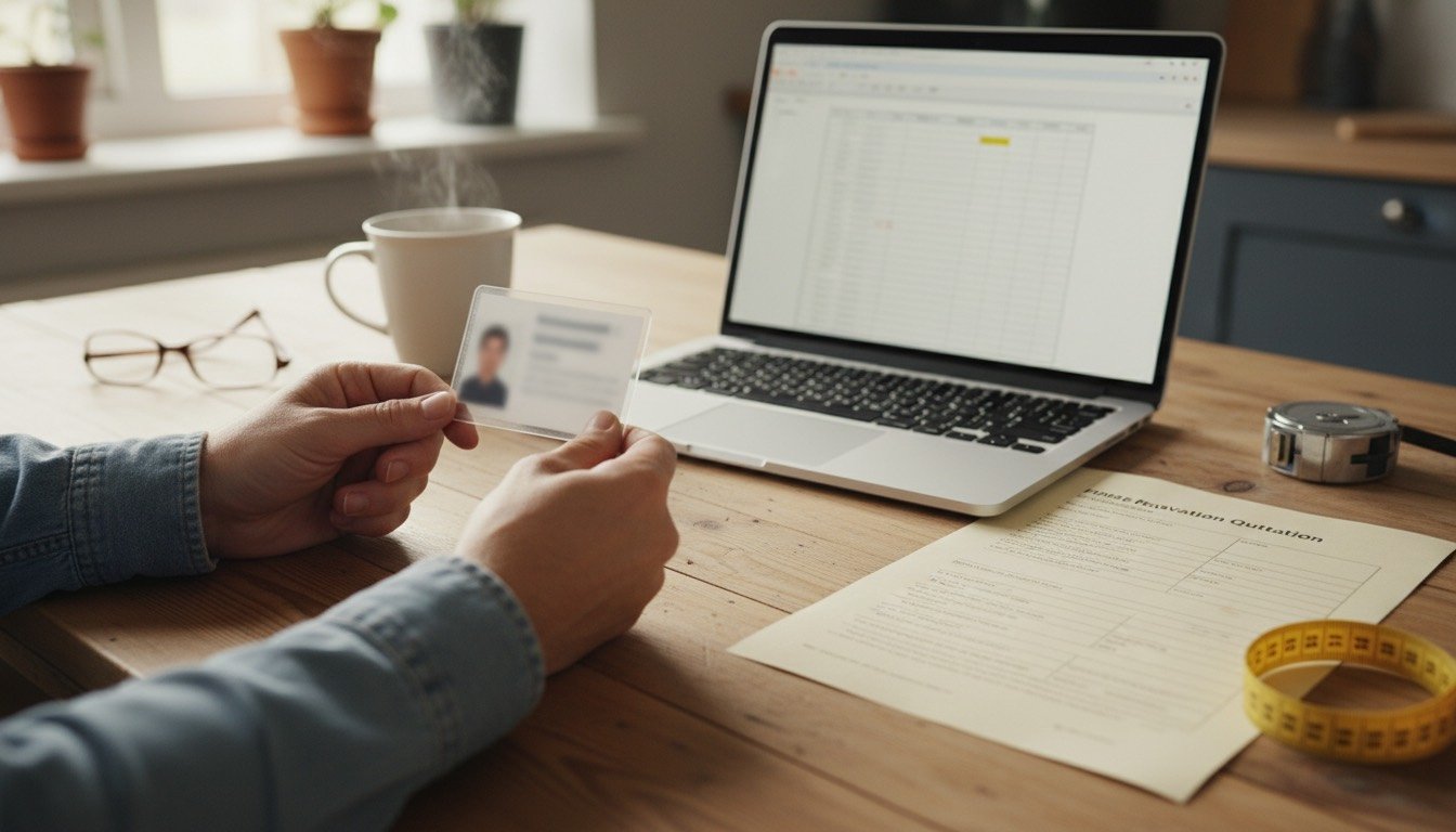 A homeowner at a kitchen table checking a tradesperson's photo ID card against a laptop while reviewing a printed quote
