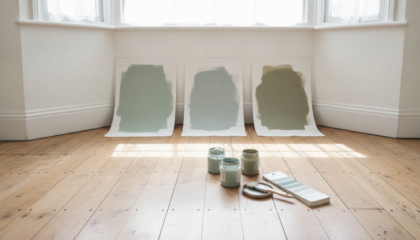 Paint tester patches brushed onto white lining paper propped against a wall beside skirting board and open tester pots