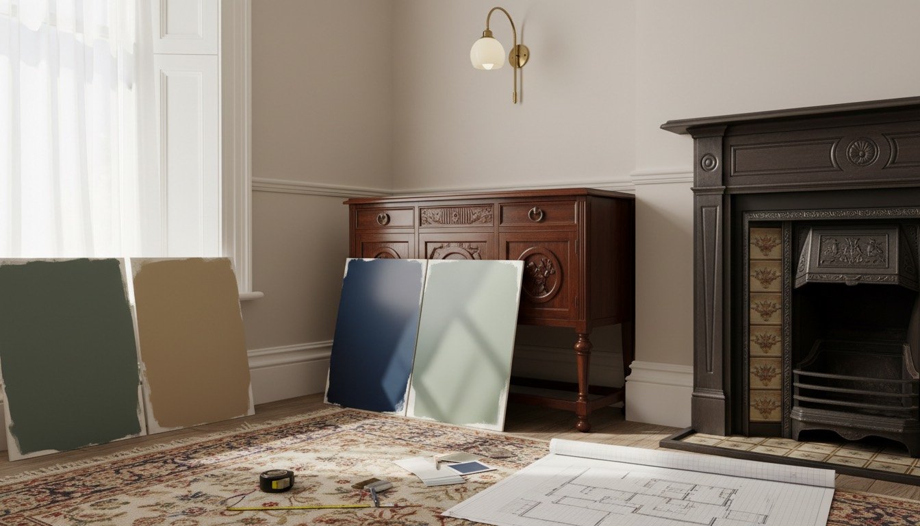 A Victorian terrace living room with a deep green chimney breast, brass wall light, walnut sideboard and paint sample boards propped against the skirting