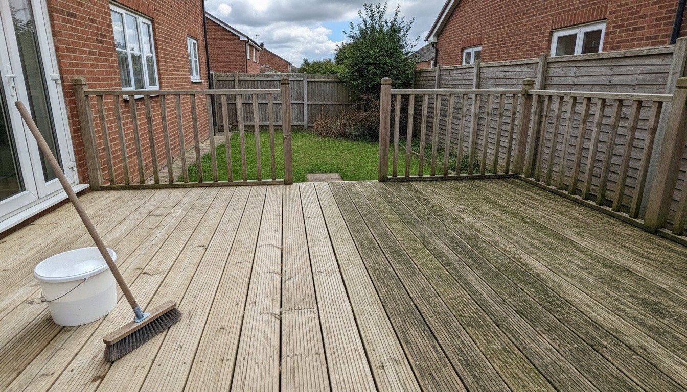 A UK garden timber deck being cleaned, with one half scrubbed pale and the other still covered in green algae.
