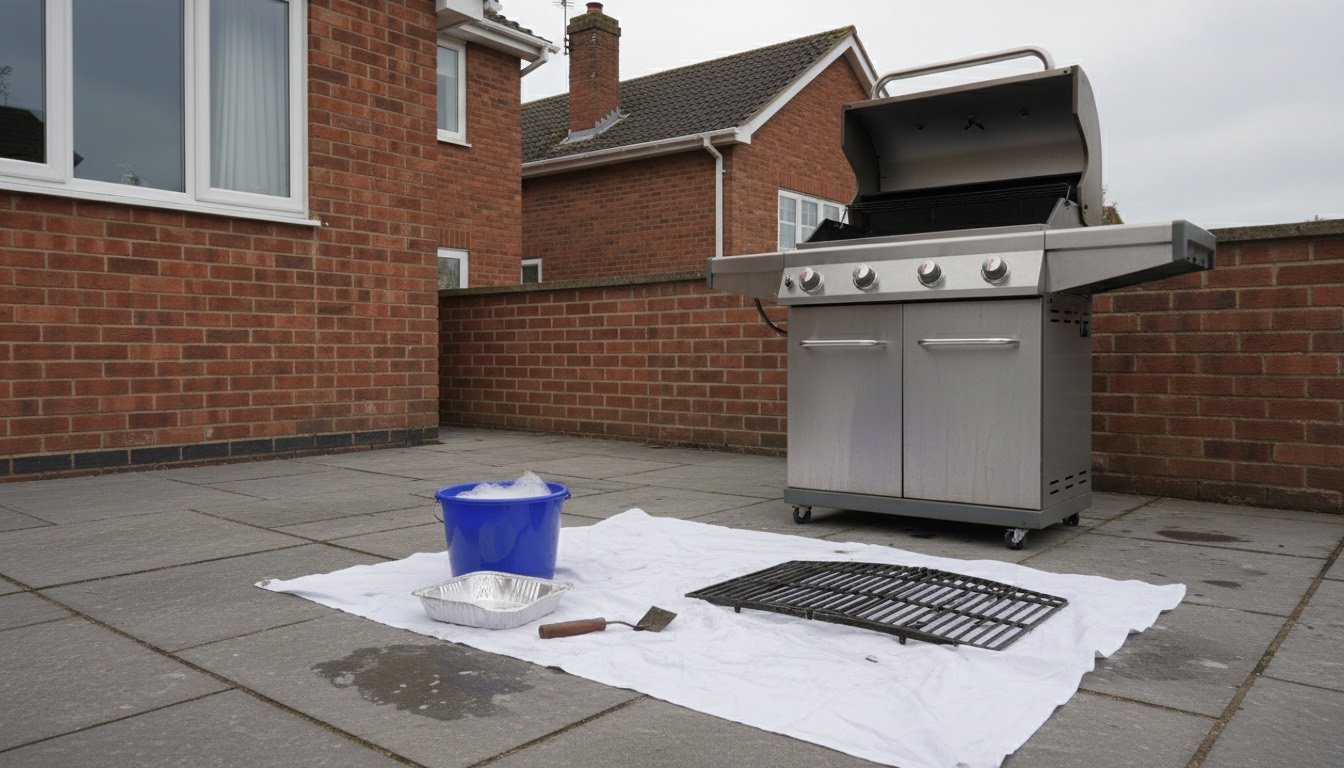 A stainless steel gas barbecue with the lid open on a paved patio, cast iron cooking grates lifted out and a bucket of soapy water beside it