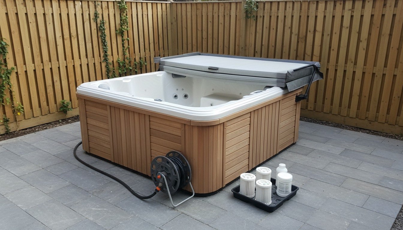 An empty garden hot tub with its cover folded back, filter cartridges and spa chemical tubs on the patio slabs beside it