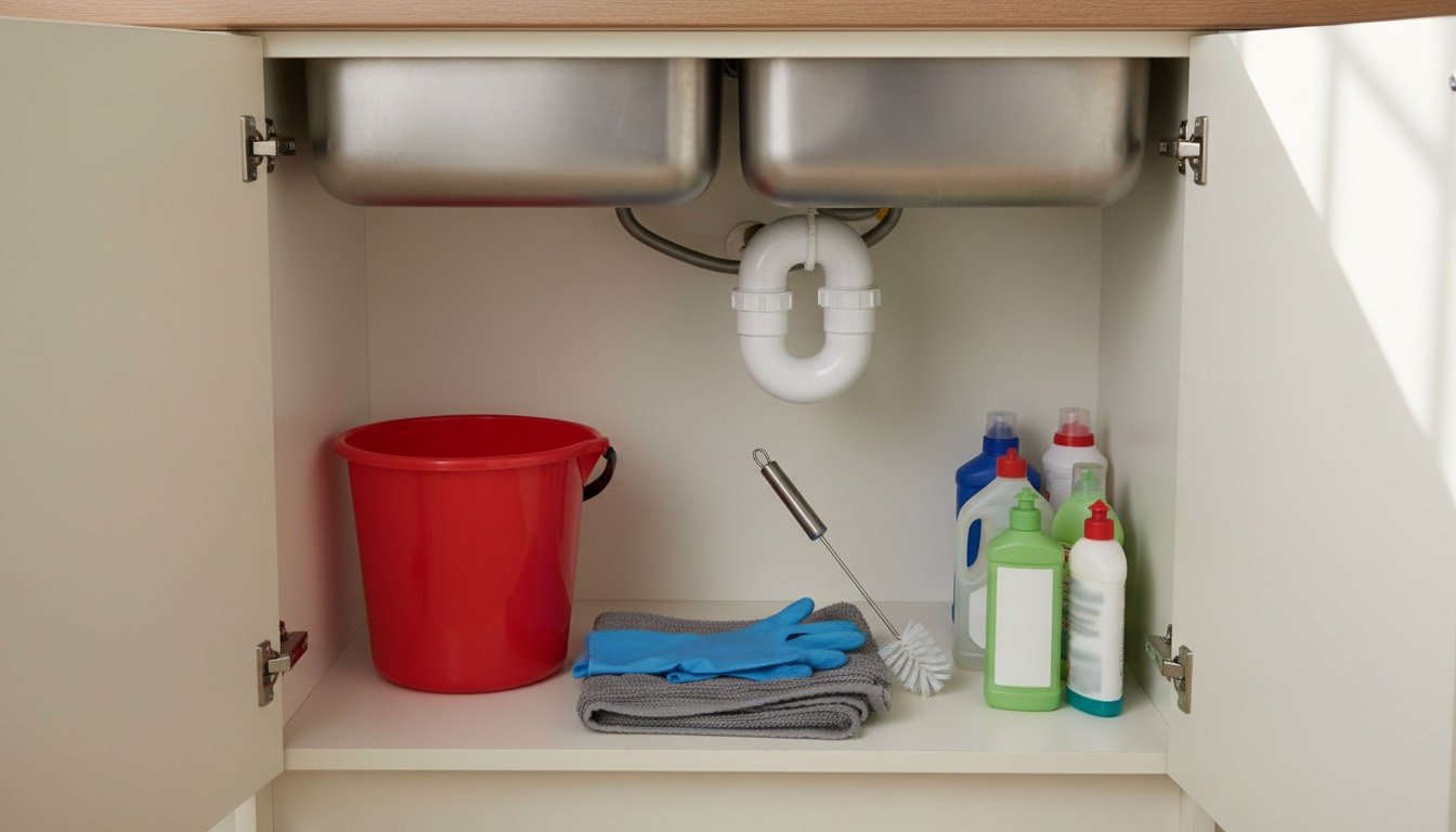 White plastic 40mm P-trap under a stainless steel kitchen sink with a bucket and cleaning brush ready beneath it