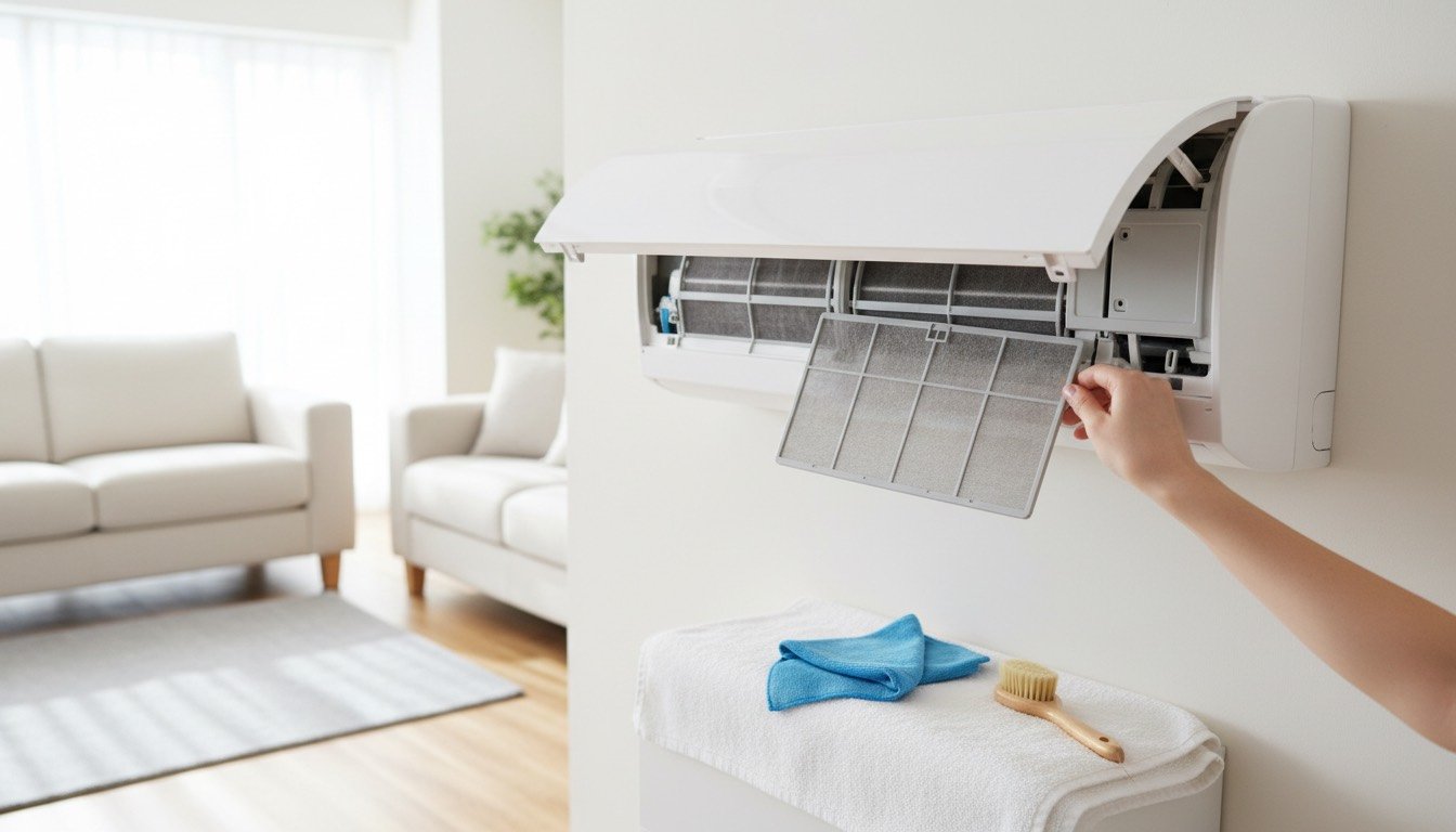 Wall-mounted air conditioning unit with its front cover open and a dusty mesh filter being lifted out, in a bright UK bedroom