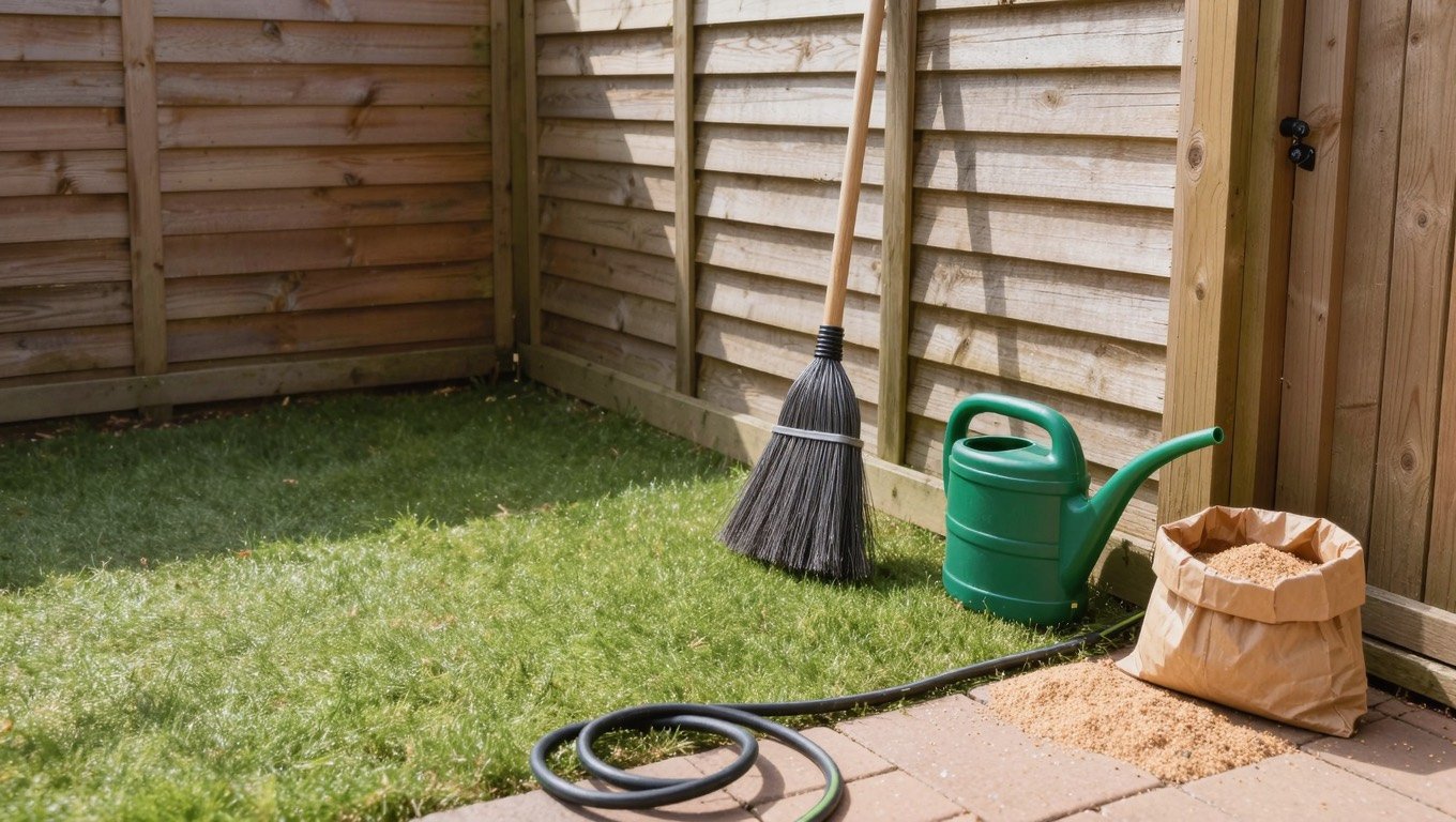 Stiff broom standing artificial grass pile upright in a small UK garden, with a watering can and bag of sand infill beside a fence