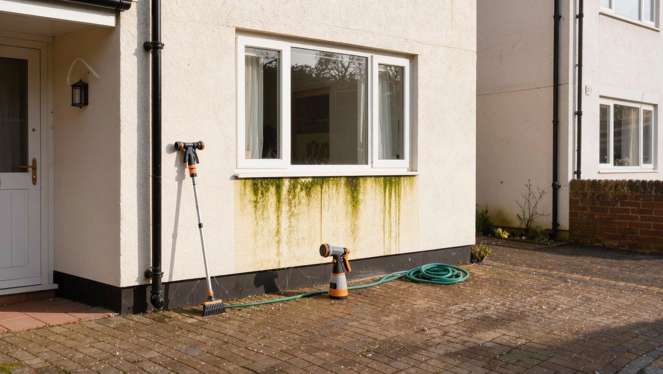 Rendered UK house wall with green algae staining being treated with a telescopic soft-wash lance and pump sprayer