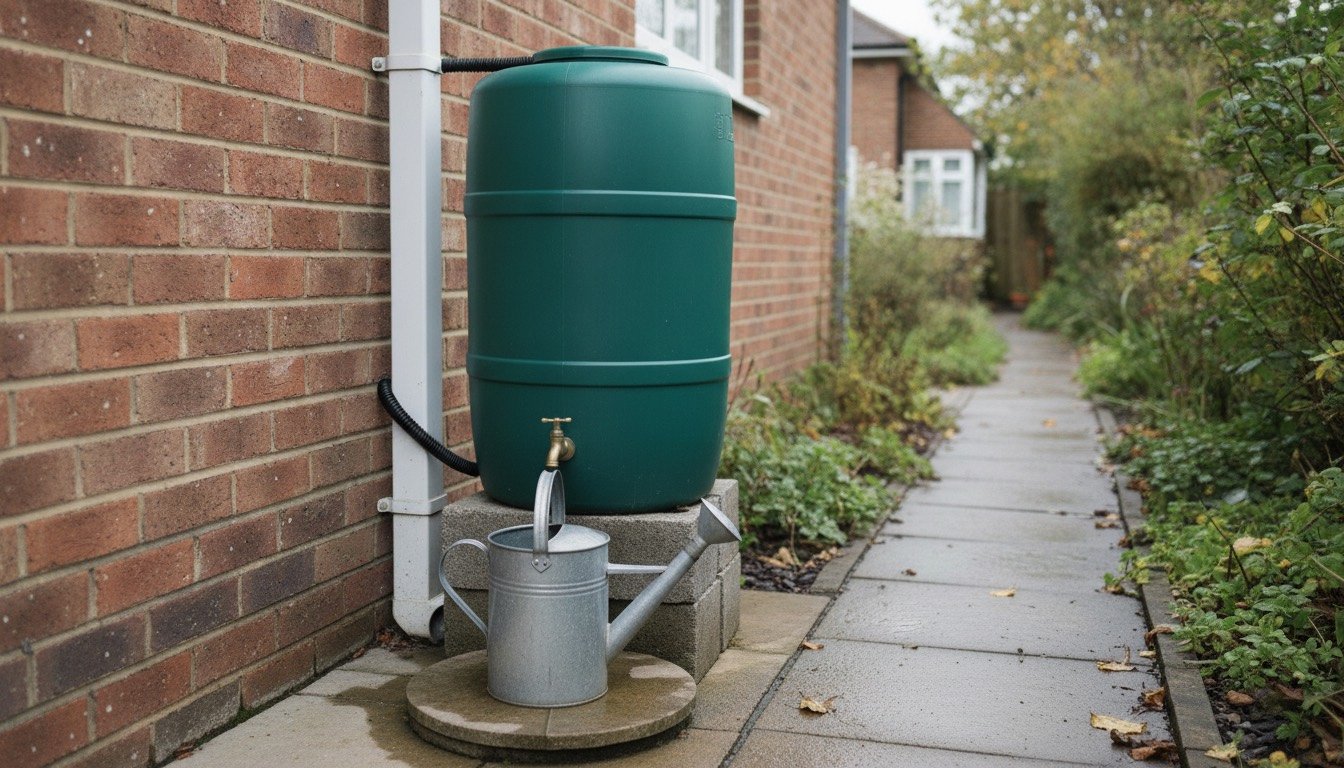 A green plastic water butt on a paving slab stand beside a house wall, connected to a black downpipe by a rainwater diverter, with a watering can underneath the tap