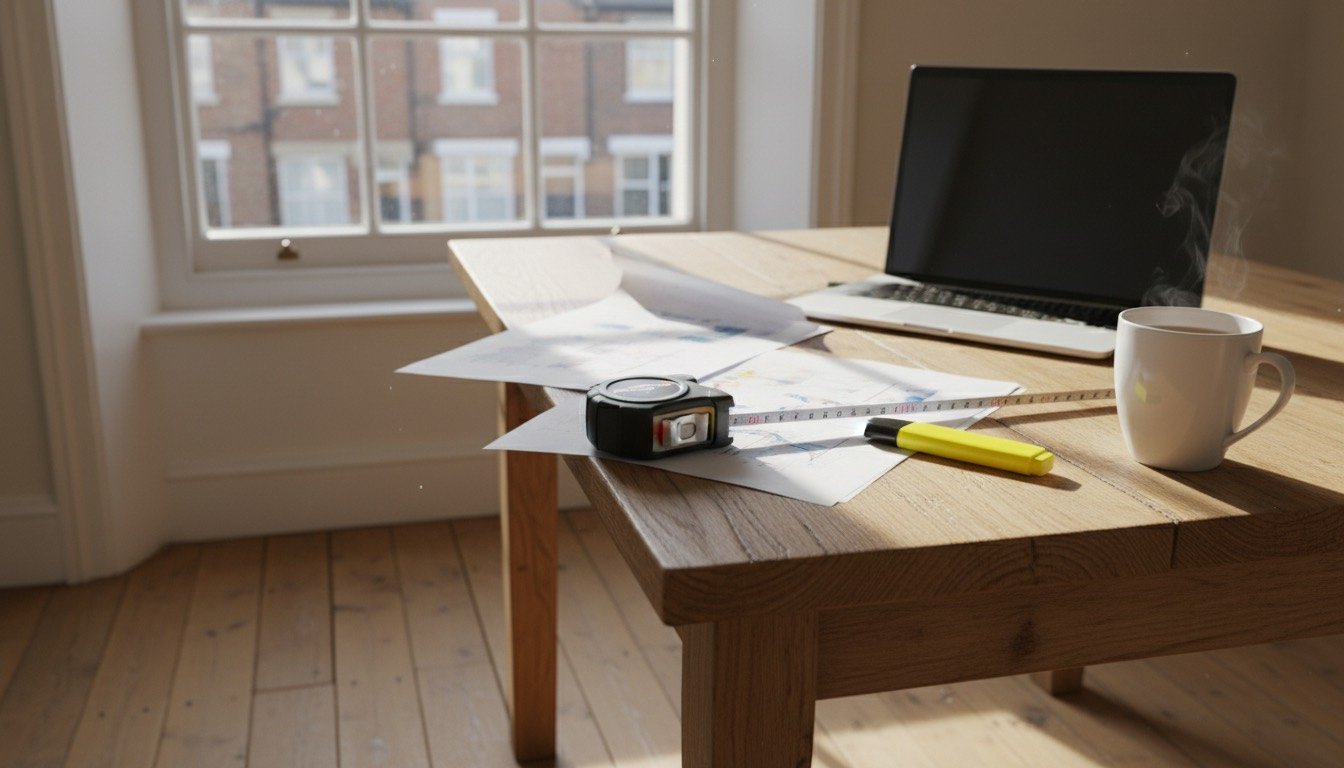 Three printed builders' quotations spread across a kitchen table with a tape measure, highlighter and open laptop