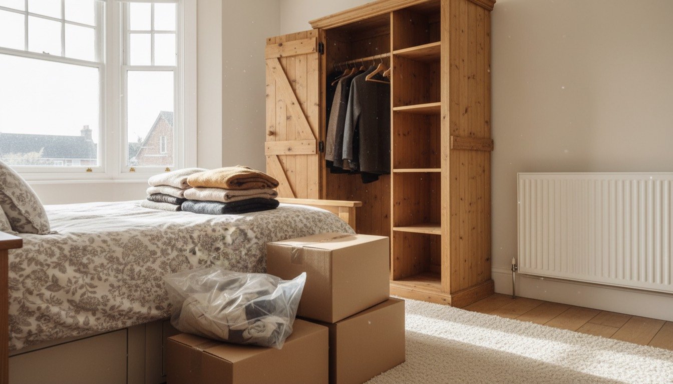 A UK bedroom mid-declutter with an open wardrobe, folded clothes stacked on the bed and three labelled boxes on the carpet