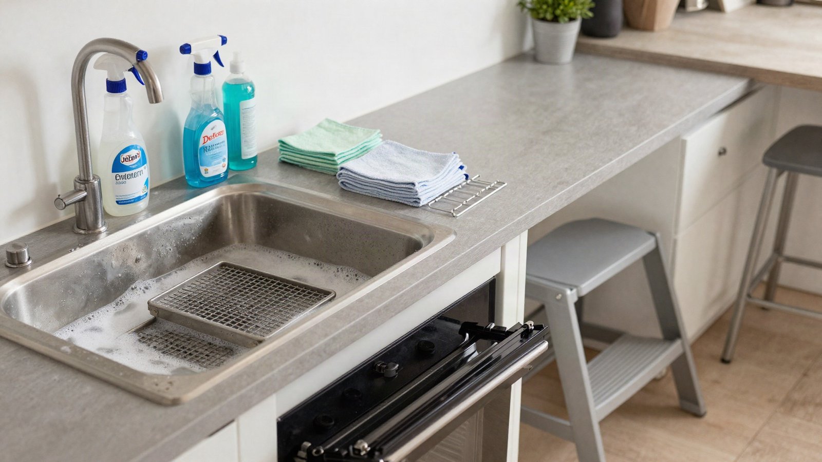 A UK kitchen mid deep clean, with extractor grease filters soaking in the sink, oven shelves on a towel and cleaning products lined up on the worktop