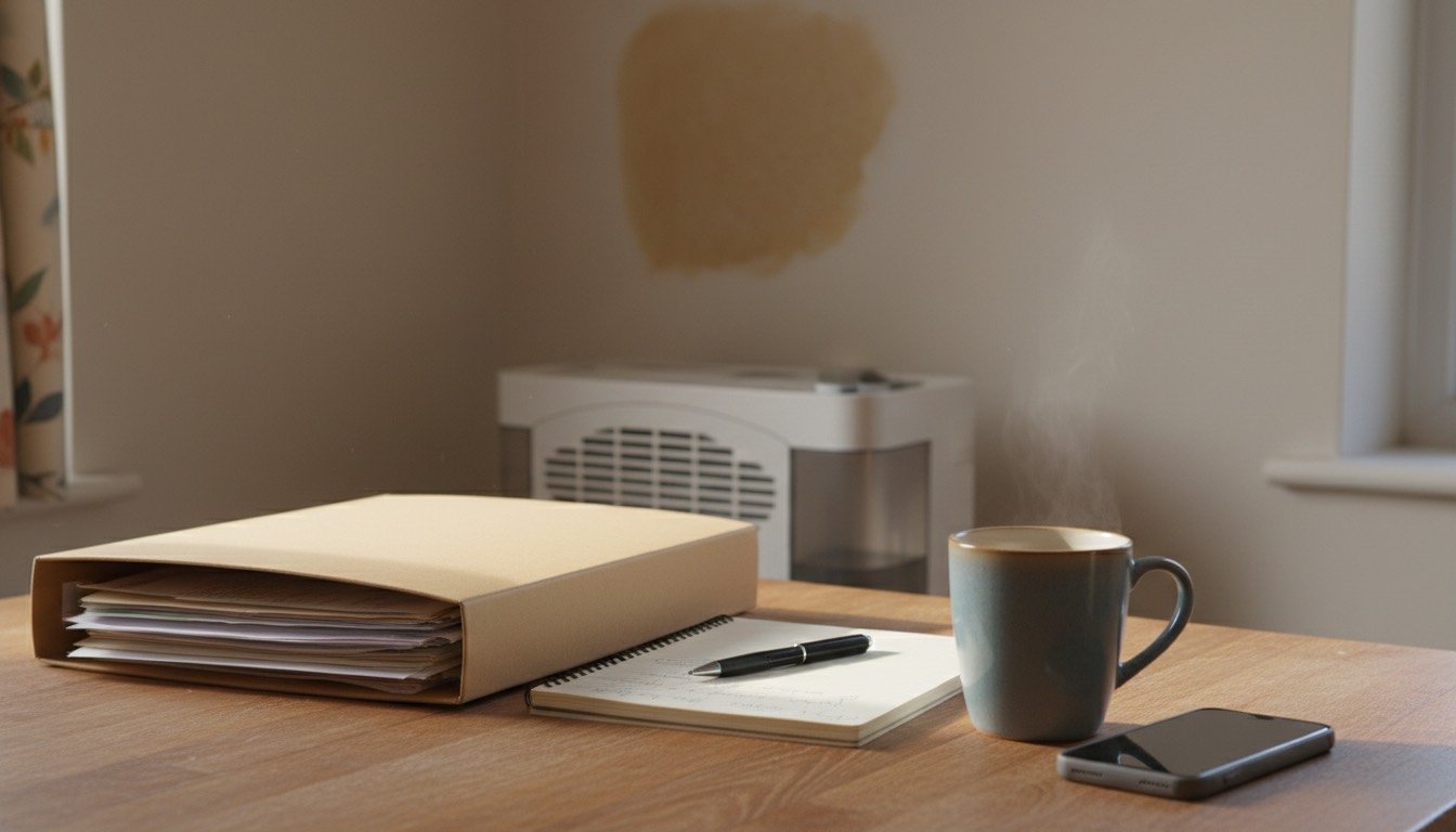 Home insurance paperwork, a notebook and a smartphone on a kitchen table in a UK home with a water-stained ceiling visible in the background