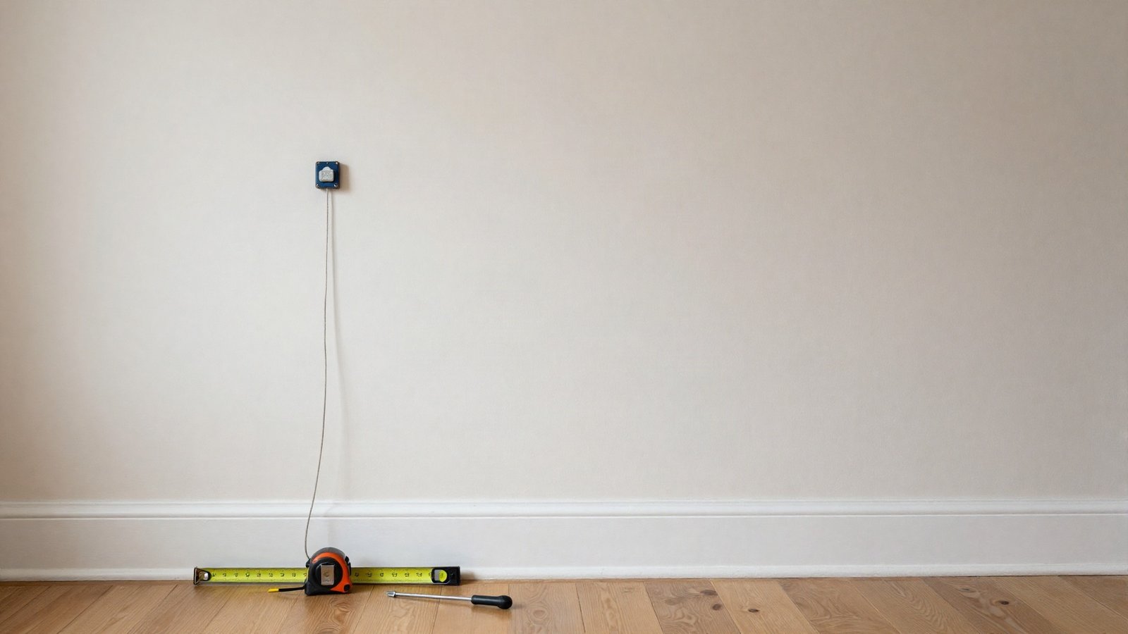 A neodymium magnet on a string held against a painted plasterboard wall next to pencil marks, a tape measure and a spirit level