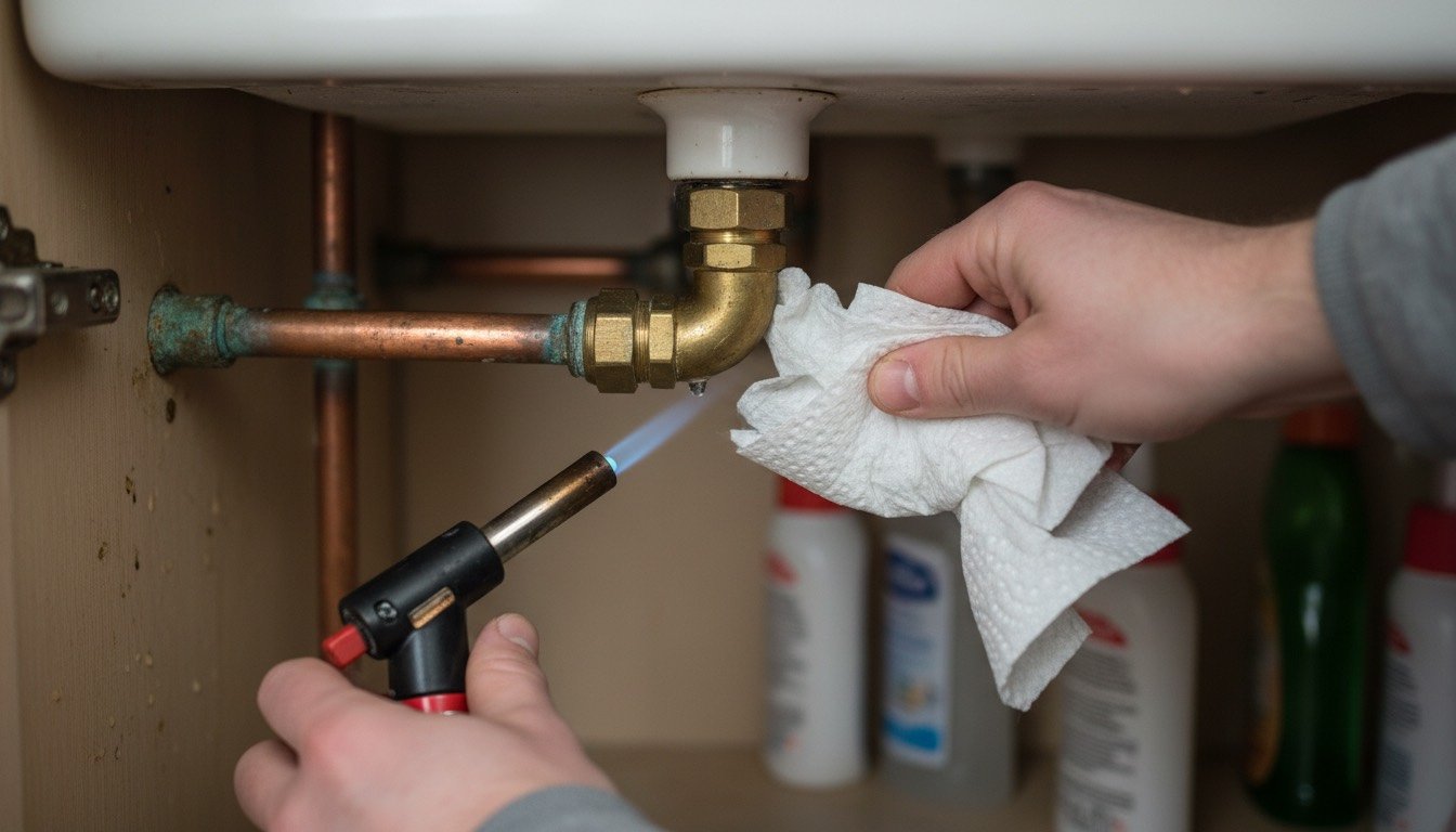 Torch and kitchen roll held under a copper pipe fitting beneath a kitchen sink during a home leak check