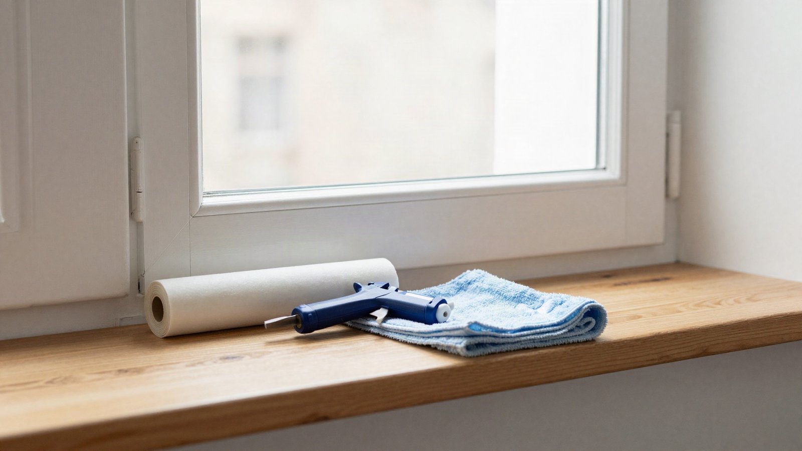 Hand holding a smoking incense stick beside a sash window frame to detect a draught in a UK home