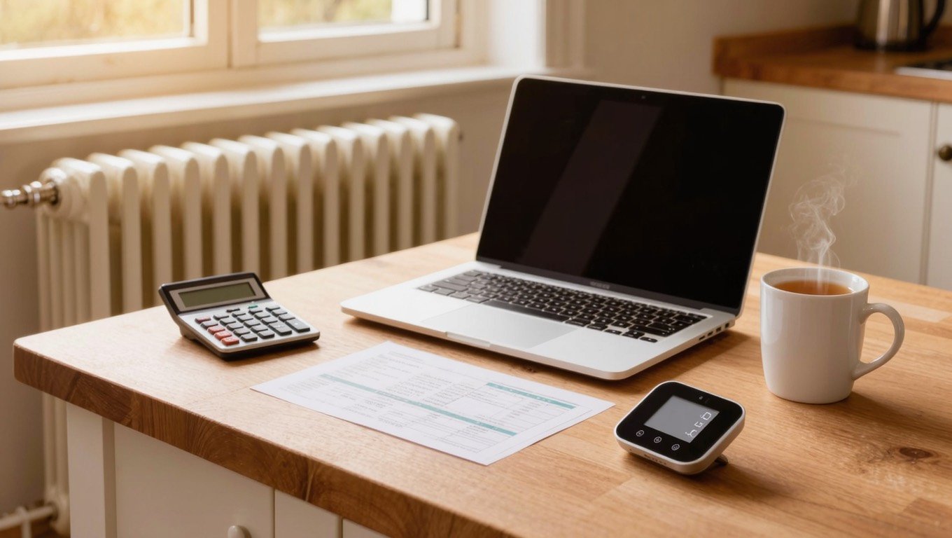 Paper energy bill and calculator on a kitchen table beside a laptop and an in-home smart meter display