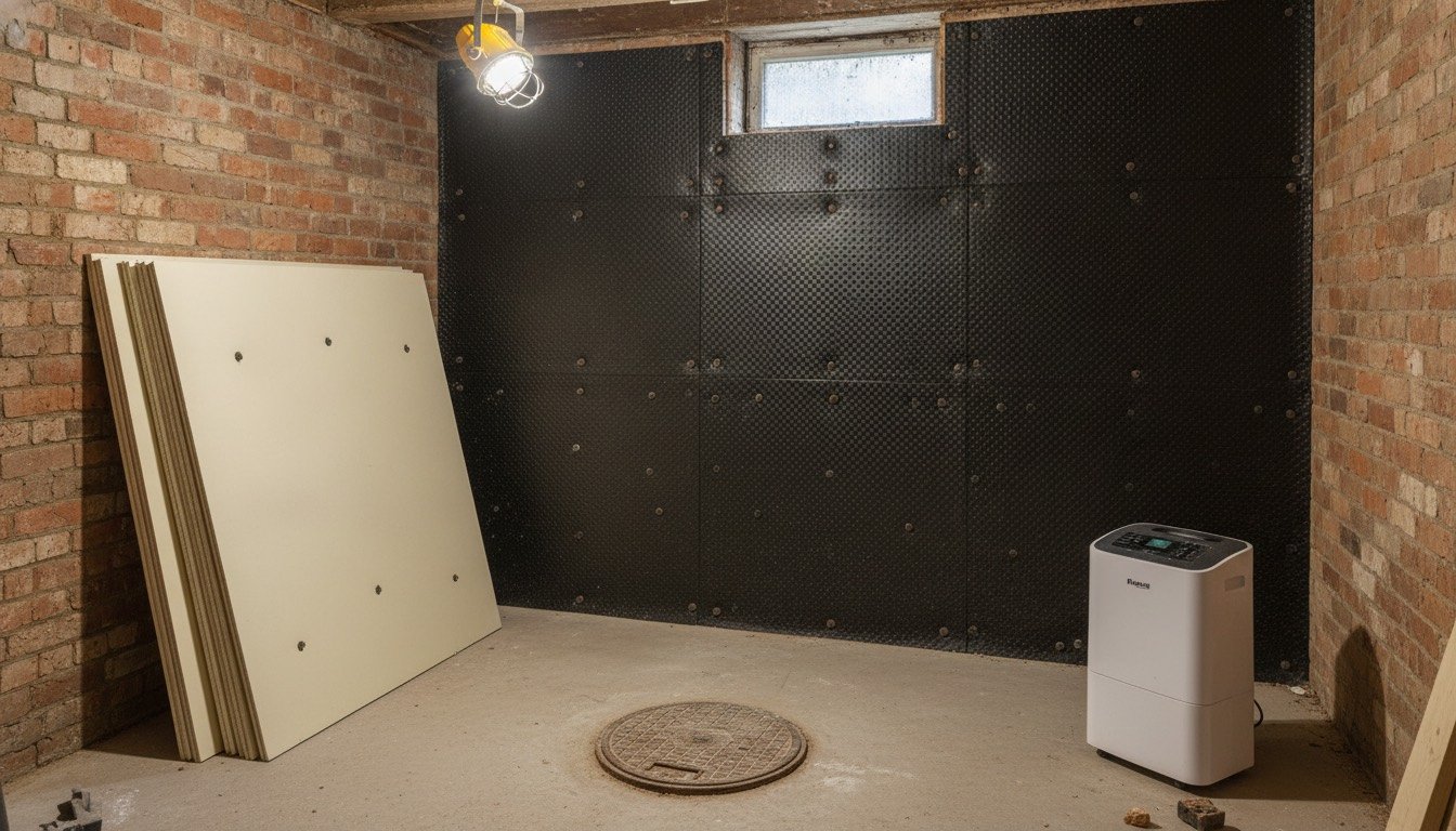 A part-converted UK cellar with bare brick walls, a studded cavity drainage membrane fixed to one wall and insulated plasterboard stacked on the floor