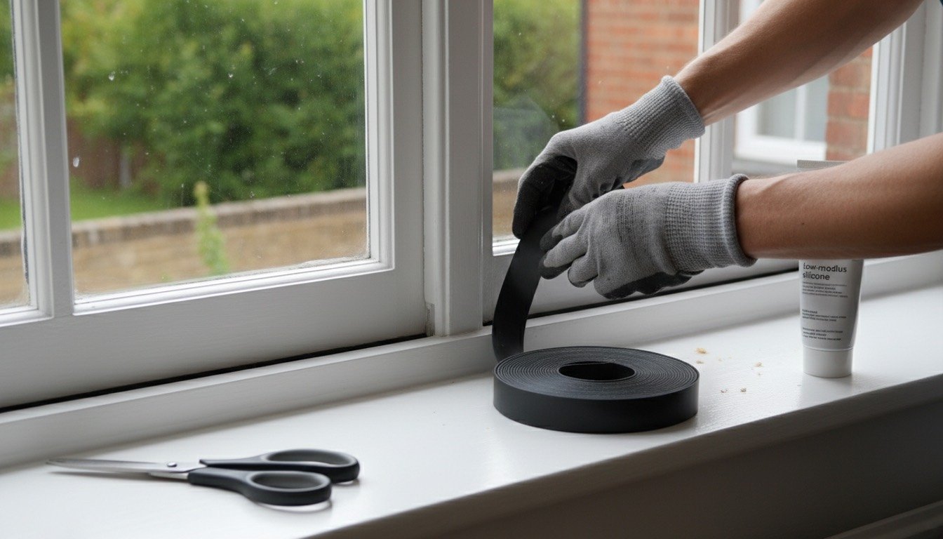 Hands pressing self-adhesive rubber draught strip into the rebate of a white timber casement window in a UK home
