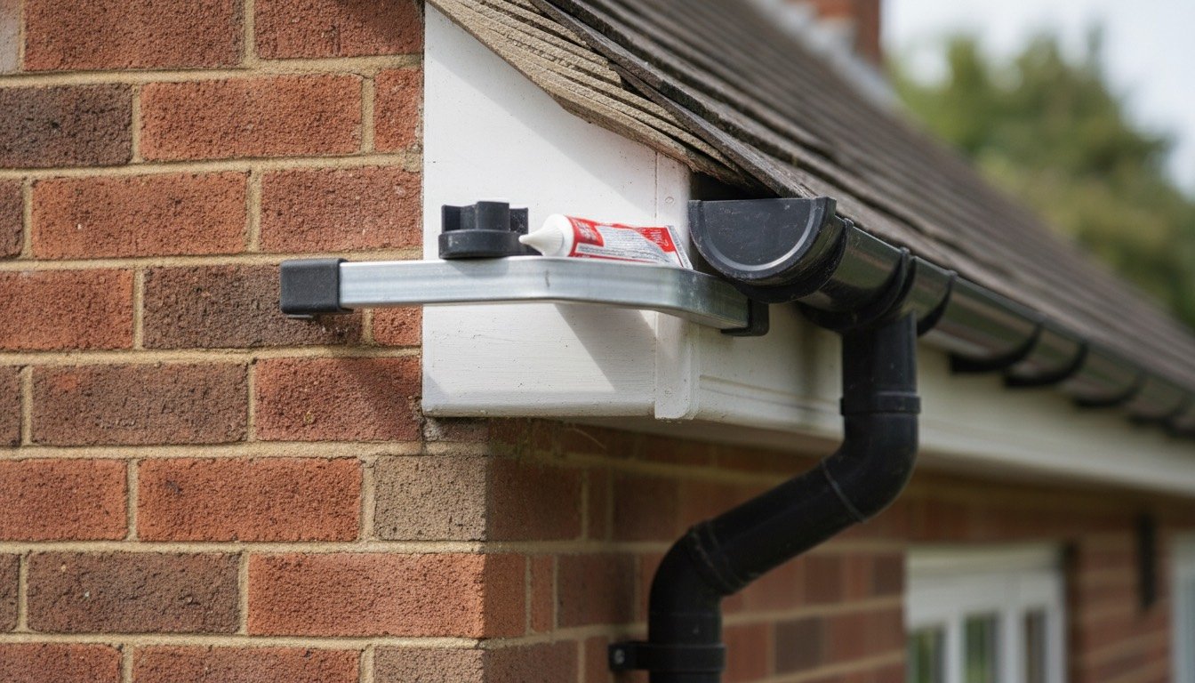 A black uPVC half-round gutter union joint on a red-brick British house, with a ladder stand-off and replacement seal on the top rung