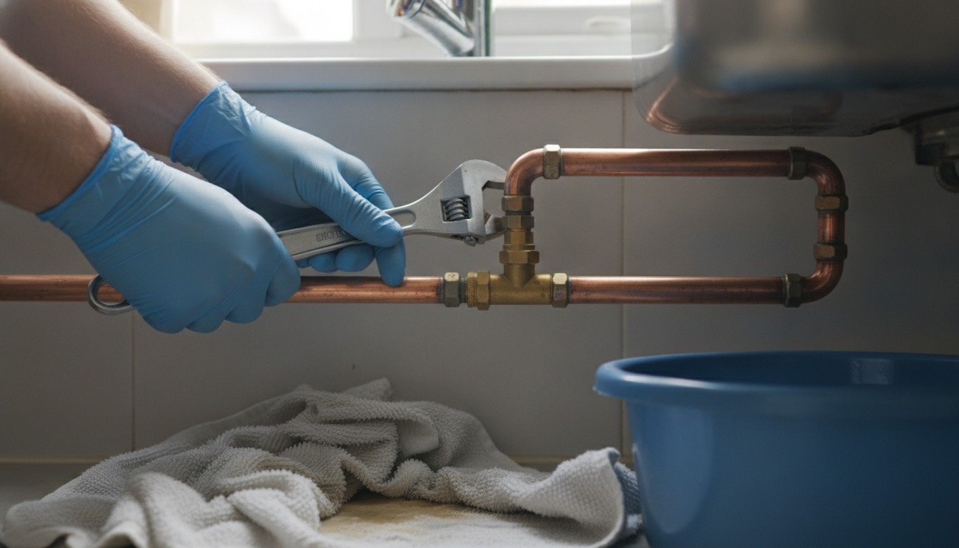 Gloved hands tightening a compression joint on copper pipework under a kitchen sink with two adjustable spanners