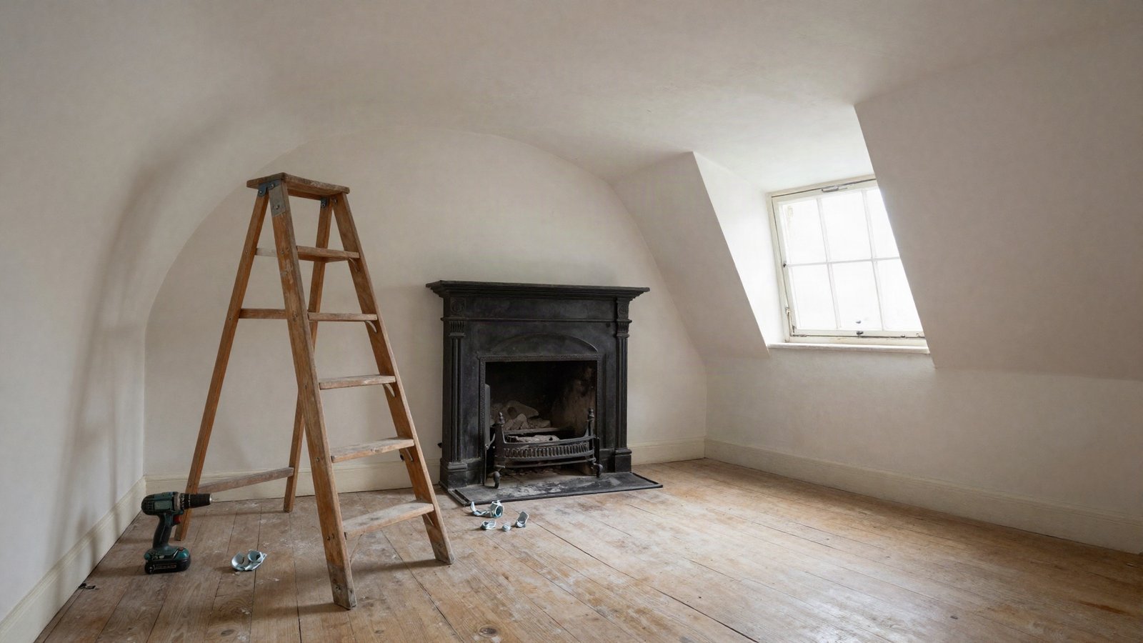 A bowed lath and plaster ceiling in a Victorian bedroom, with a stepladder, dust sheets and a box of galvanised plaster washers below