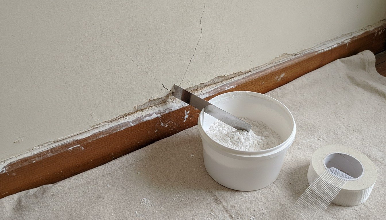 A hairline crack raked out to a V in an old plastered wall, with a stainless filling knife and powdered filler on a dust sheet below the skirting