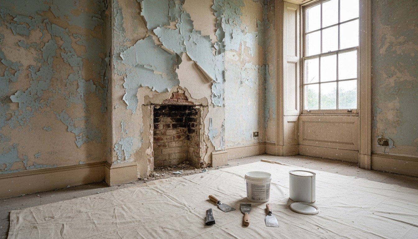 Flaking paint curling away from lime plaster on a Victorian bedroom wall, with a scraper, filling knife and tin of primer on a dust sheet below