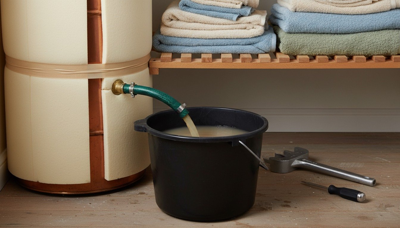 A copper hot water cylinder in a UK airing cupboard with a garden hose clipped to the drain cock at its base, draining into a bucket