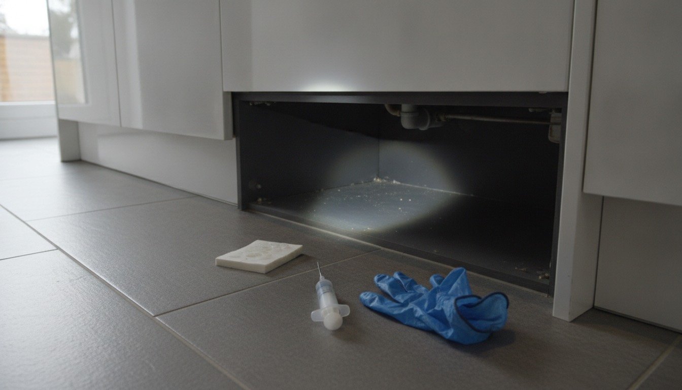 Kitchen kickboard removed to show sticky monitor traps and gel bait spots placed in the void beneath fitted units