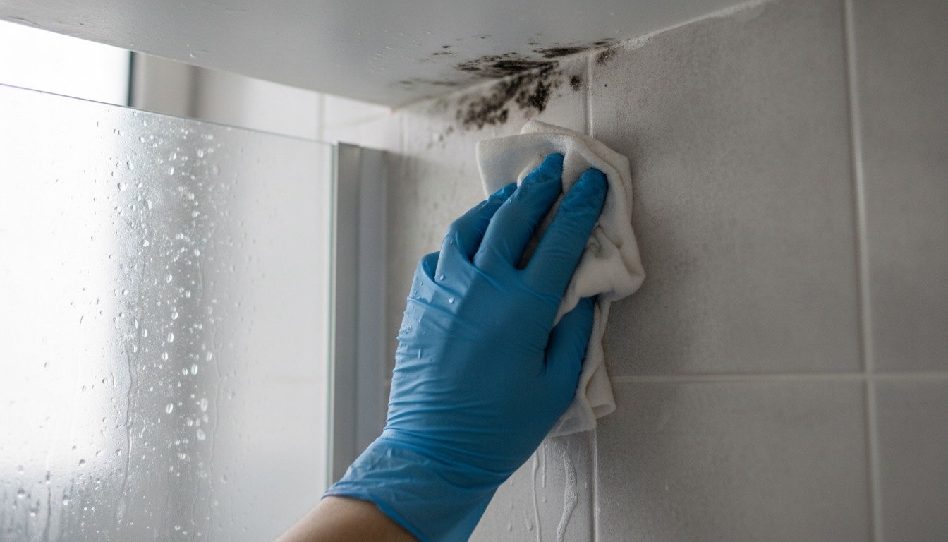 Gloved hand wiping black mould spots from the corner of a bathroom ceiling above a tiled shower