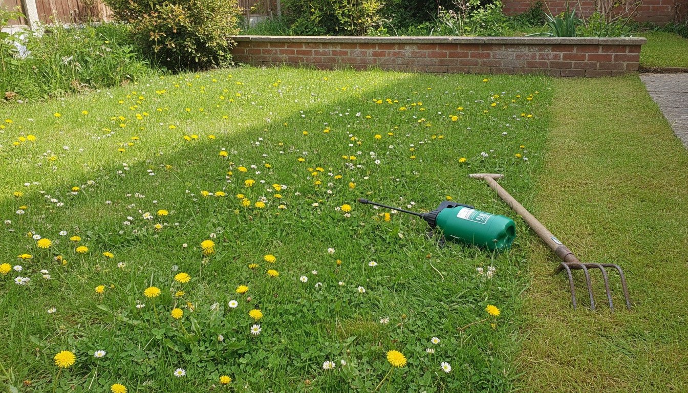 A British back garden lawn with dandelions and daisies in flower, a pump sprayer and a daisy grubber resting on the grass beside a mown edge