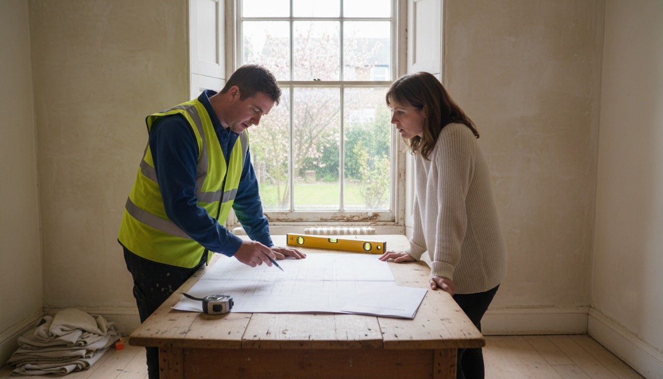 A homeowner and a builder reviewing a written schedule of works on a kitchen table in a Victorian terraced house, with a tape measure and printed drawings alongside