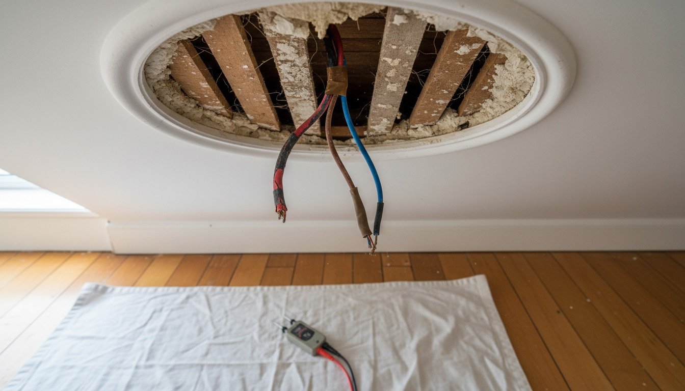 Twin-and-earth cable in an open ceiling rose showing red and black conductors alongside newer brown and blue conductors in a Victorian terrace